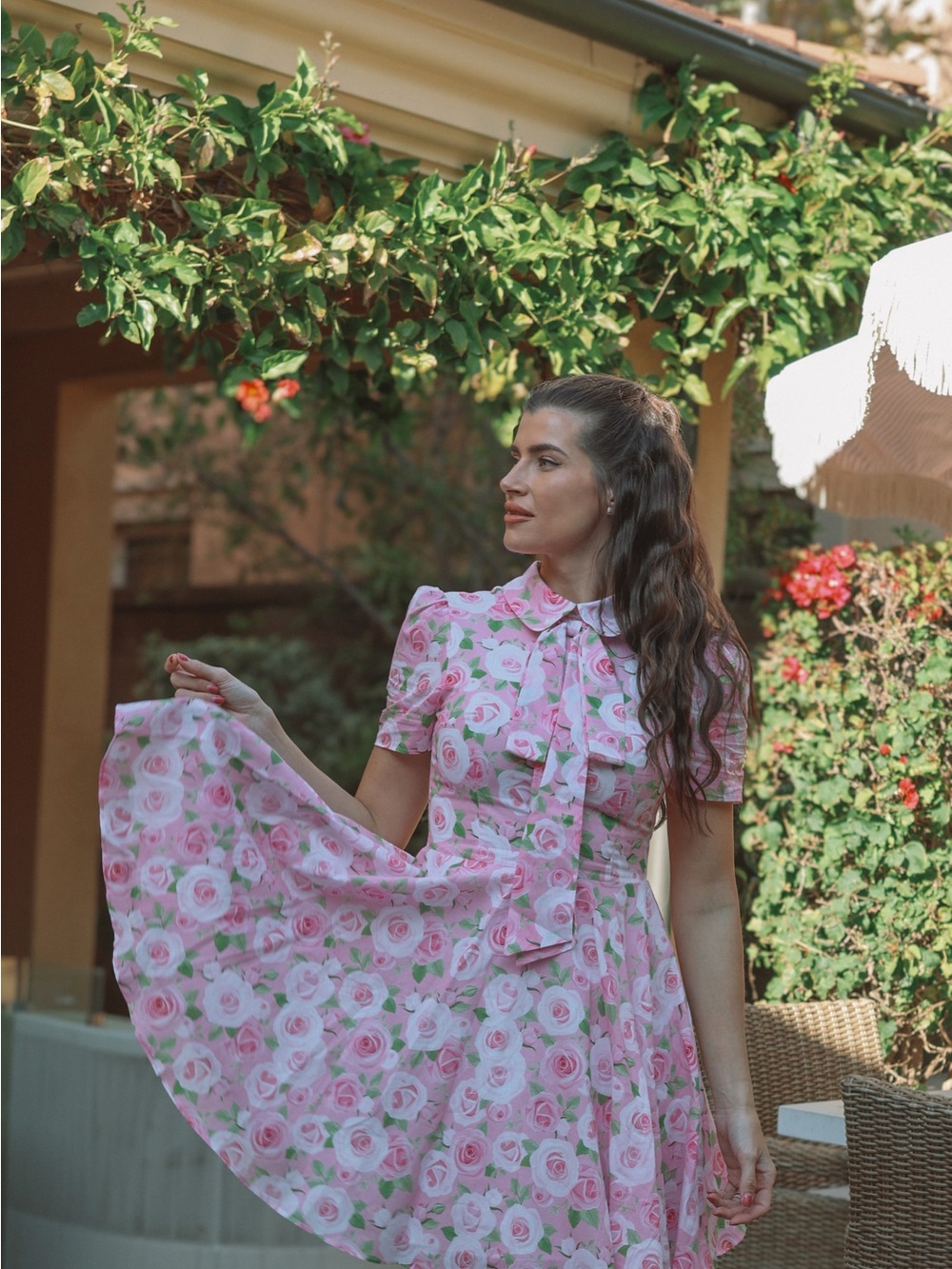 Women’s Pink Floral Tie-Neck Mini Dress